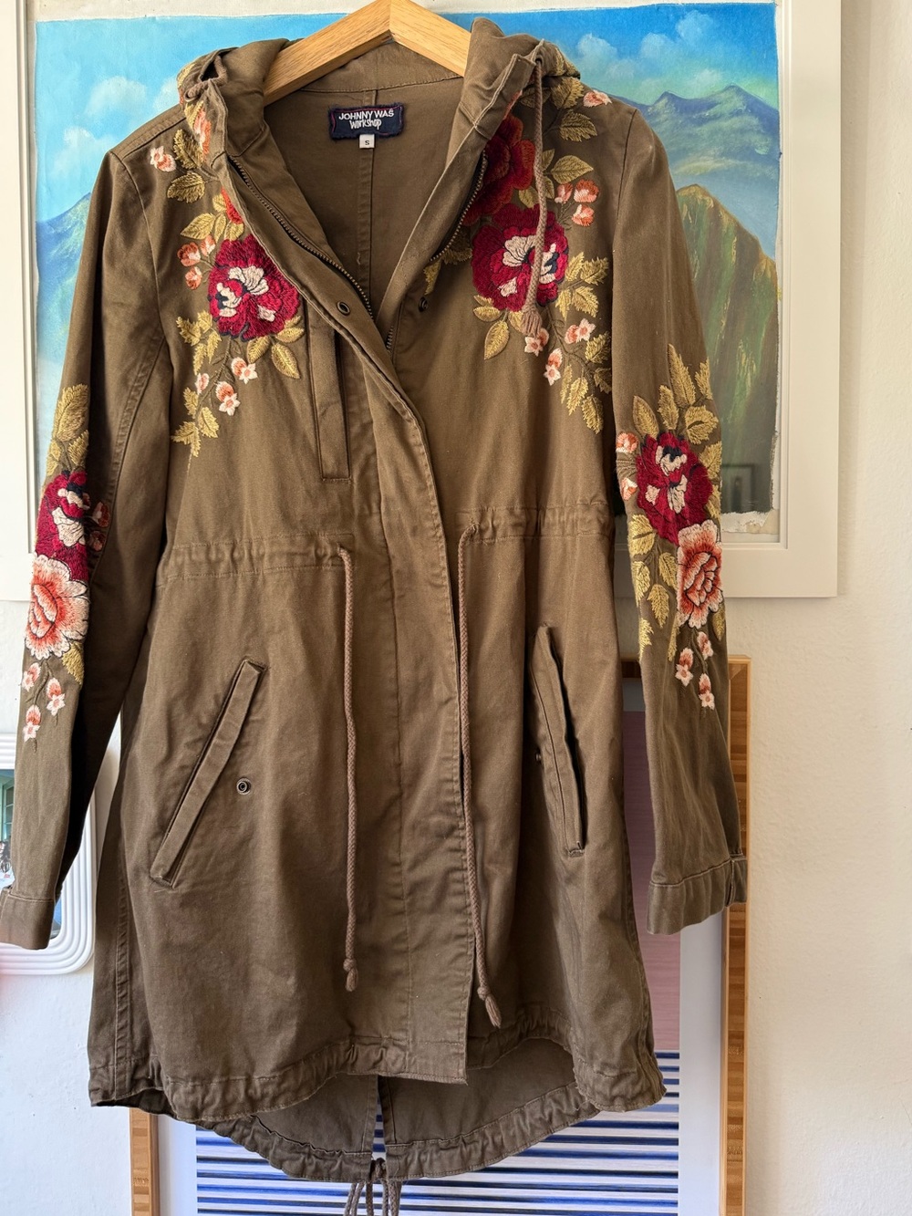 Johnny Was Olive Green Embroidered Hooded Utility Jacket with Red Floral Detail